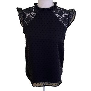 Belle Pogue Black Dotted Swiss Blouse with Lace Detail S